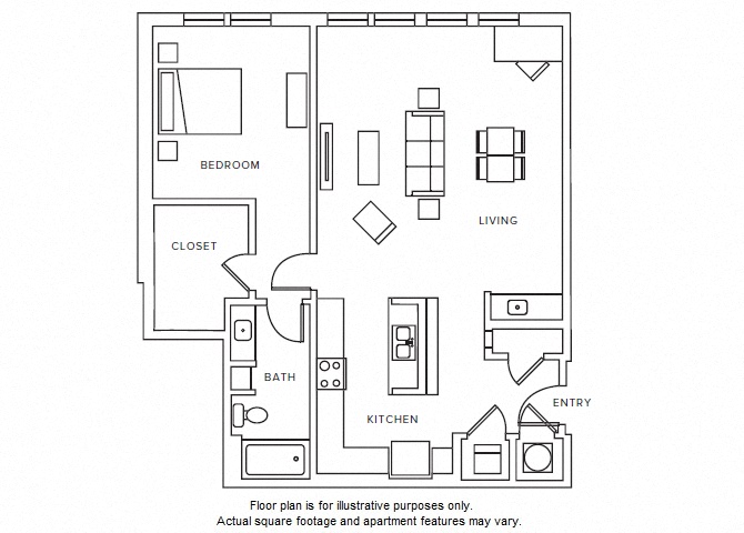 Floor plan for 1 bed, 1 bath, 1053 sqft
